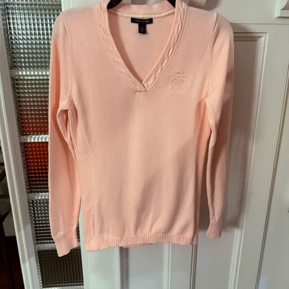 Tommy Hilfiger Women’s Pink Cotton Sweater Braided V-Neck Logo Sz M - Picture 9 of 9